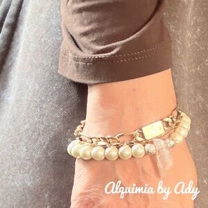 Big raw clear phantom quartz and Pearl western style Silver Bracelet